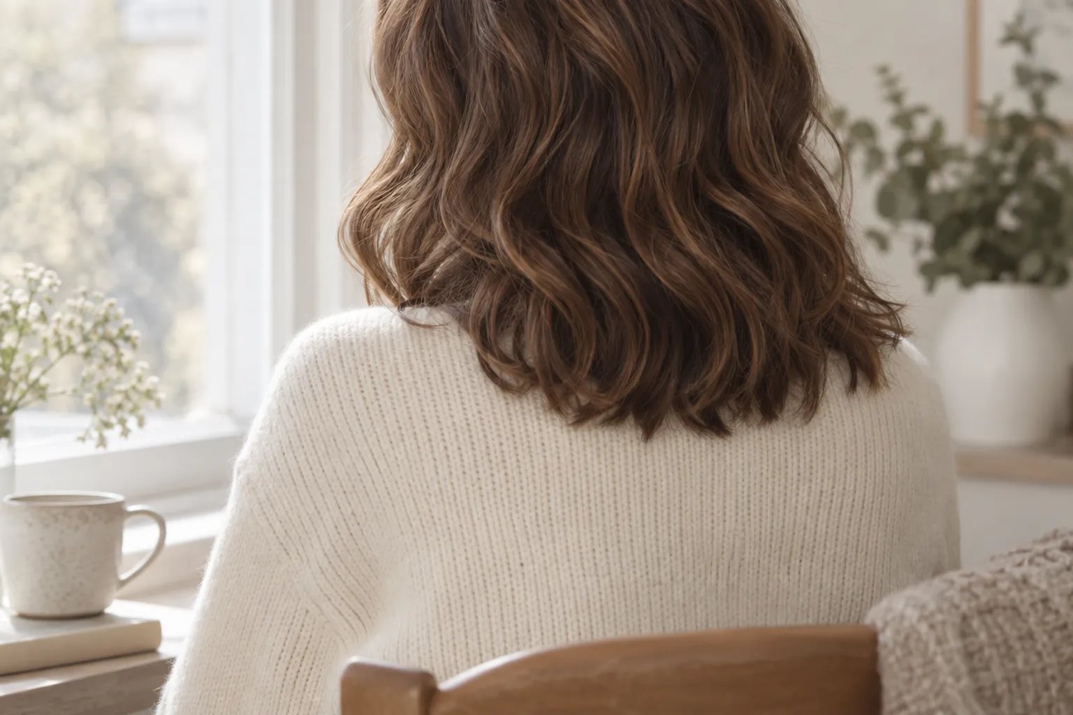 Donna vista da dietro con capelli mossi castani e maglione crema vicino a finestra