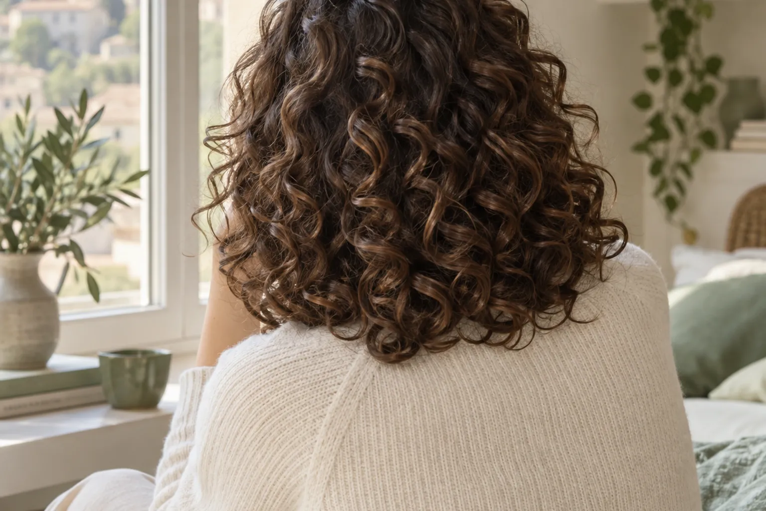 Donna seduta di spalle con capelli ricci castani lucidi fino alle spalle